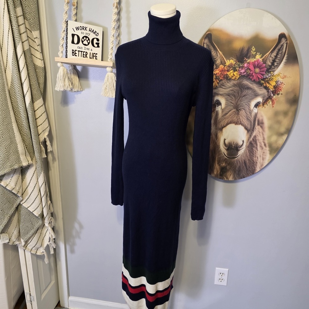 Polo Ralph Lauren Striped Marino Wool Sweater Dress Size M Rib Knit Nautical
